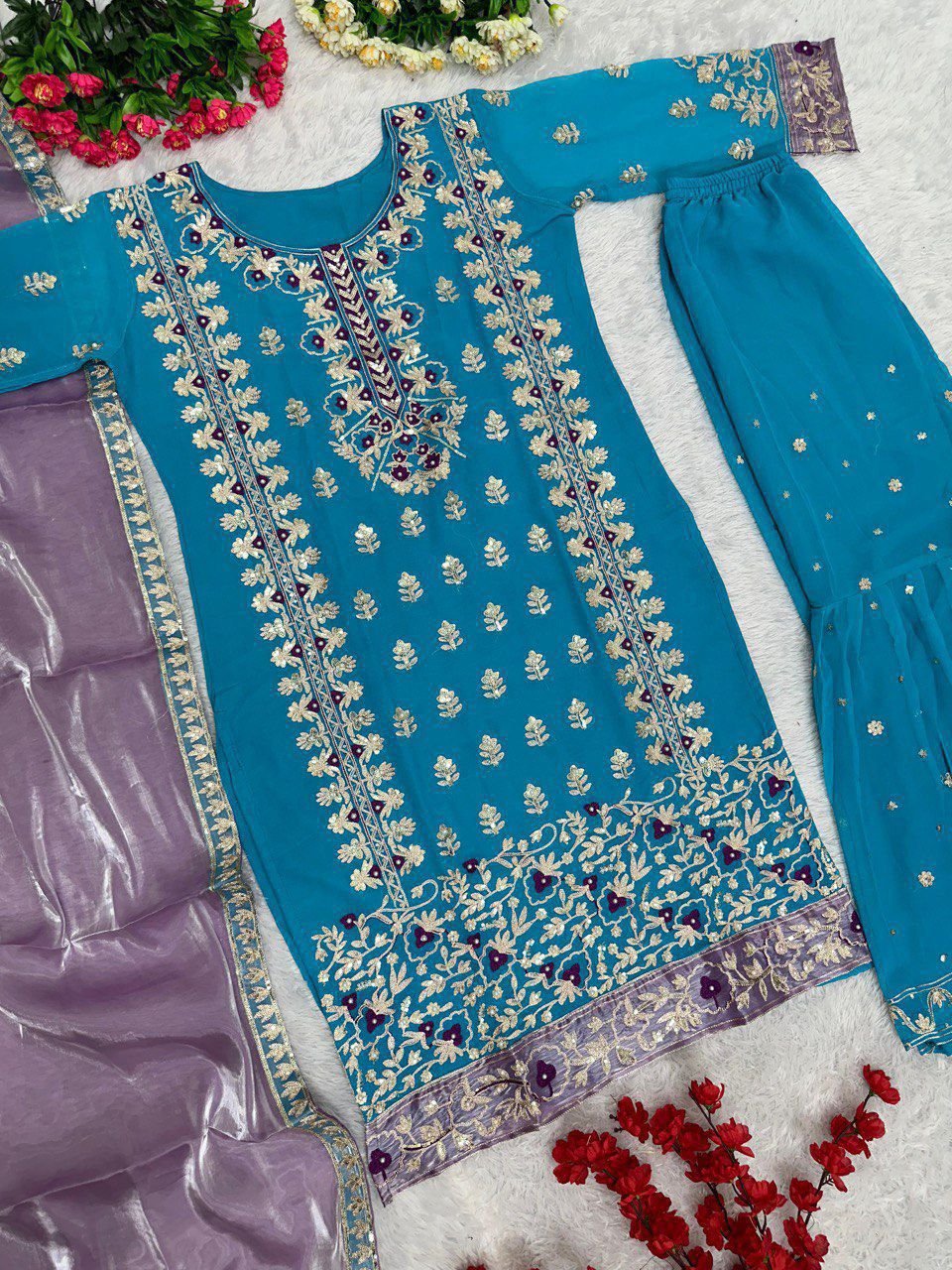 stitched NEW DESIGNER HEAVY FUAX GEORGETTE SHARARA SUIT SET CODE :-AK-165 - Image 2