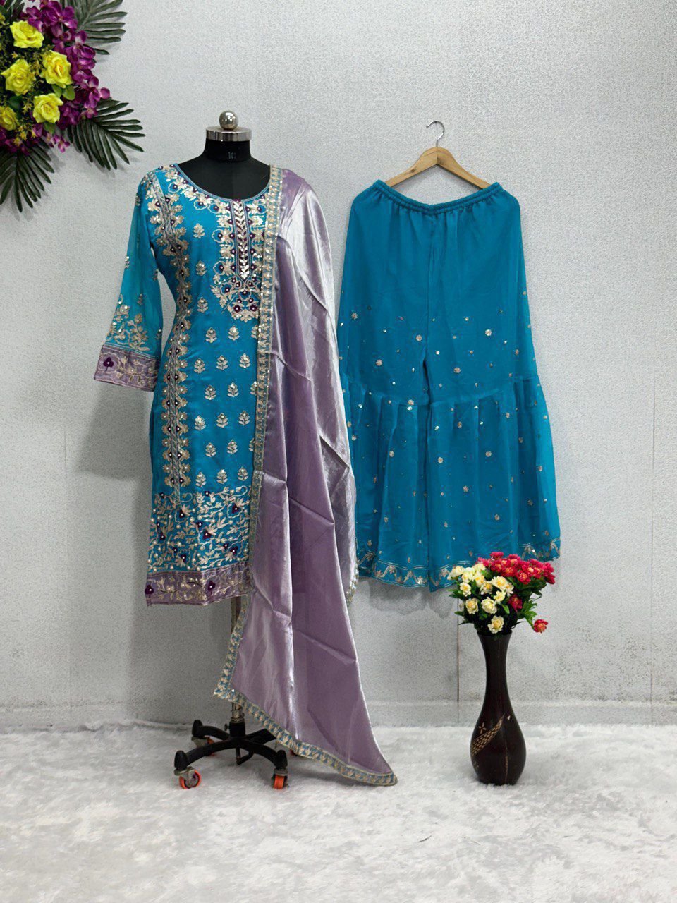 stitched NEW DESIGNER HEAVY FUAX GEORGETTE SHARARA SUIT SET CODE :-AK-165