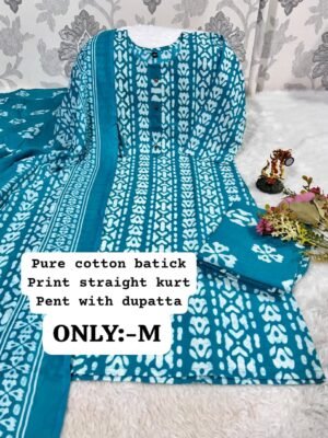 stitched Best ROUND NECK HEAVY WORK Pattern Cotton 3pcs set  Cotton kurti pant  printed duppata set with work patti on neck