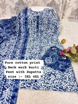 stitfched Best ROUND NECK HEAVY WORK Pattern Cotton 3pcs set  Cotton kurti pant  printed duppata set with work patti on neck