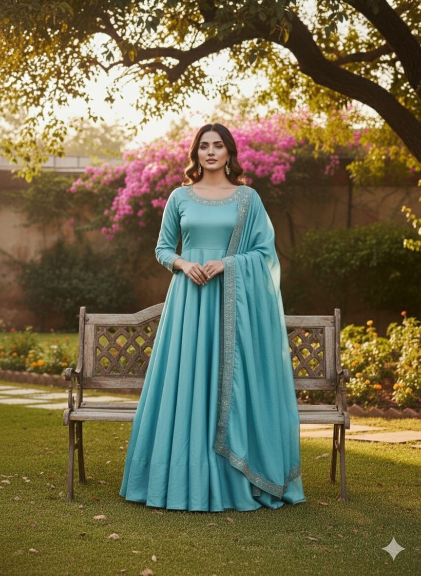 stitched Silk Anarkali Step into the world of style with our mesmerizing Vichitra Silk Anarkali! The intricate details all over the Dupptta and neckline represents elegance fabric creates a captivating look that's both elegant and trendy. Embrace the beauty makes a statement wherever you go. - Image 3