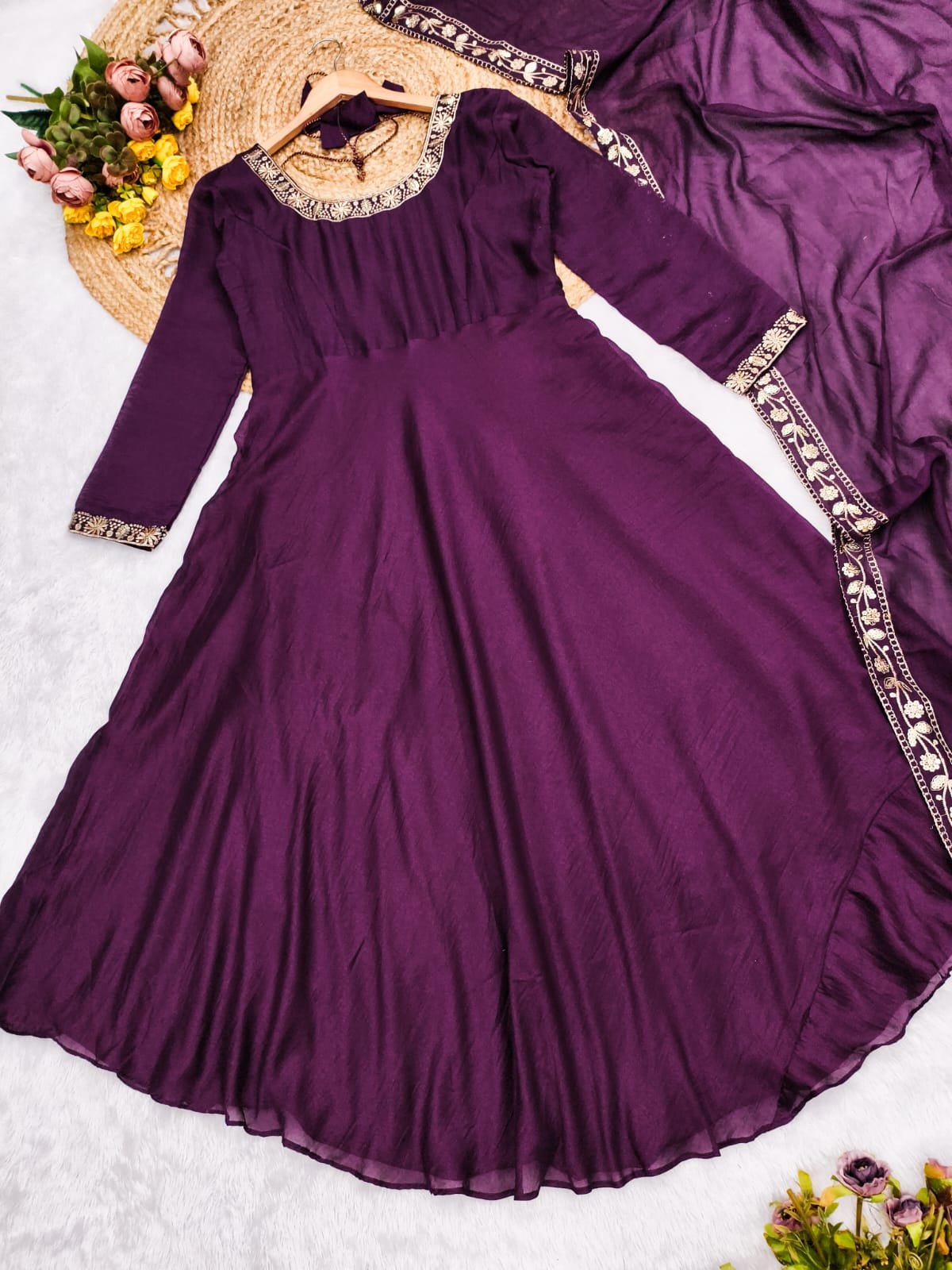 stitched Silk Anarkali Step into the world of style with our mesmerizing Vichitra Silk Anarkali! The intricate details all over the Dupptta and neckline represents elegance fabric creates a captivating look that's both elegant and trendy. Embrace the beauty makes a statement wherever you go. - Image 2