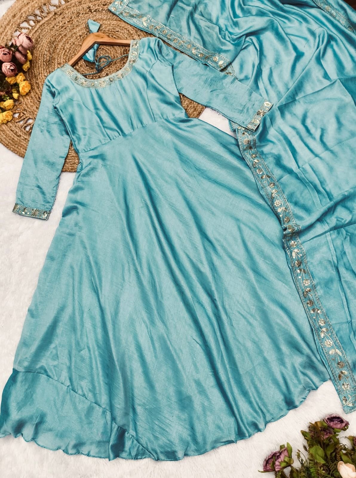 stitched Silk Anarkali Step into the world of style with our mesmerizing Vichitra Silk Anarkali! The intricate details all over the Dupptta and neckline represents elegance fabric creates a captivating look that's both elegant and trendy. Embrace the beauty makes a statement wherever you go. - Image 4