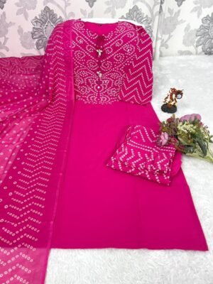 stitched Looking to update your ethnic wardrobe? Check out this stunning Bandhani Suit Set—perfect for daily wear, office, or small gatherings!