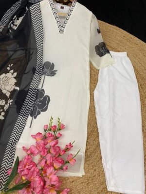 Alternative view of stitched AK-G75"      New colour  Off White Color3 pair kurti Suit Set you've described seems to be a party wear outfit made from georgette  fabric with digital prints Georgette Duptta.(3-Pair)