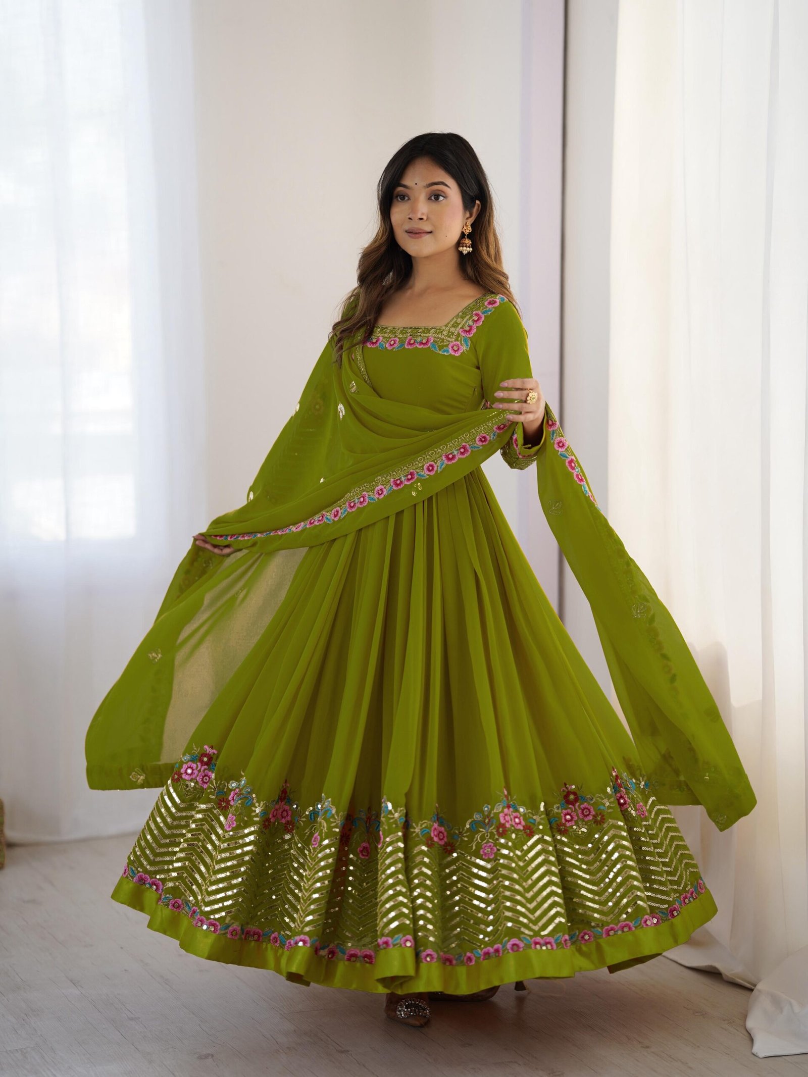 stitched Real Modeling Shoot Category :- Women’s Ethnic Wear AK-5010 — "Elegant Embroidered Sequence Designer Anarkali Three Piece Set" - Image 4