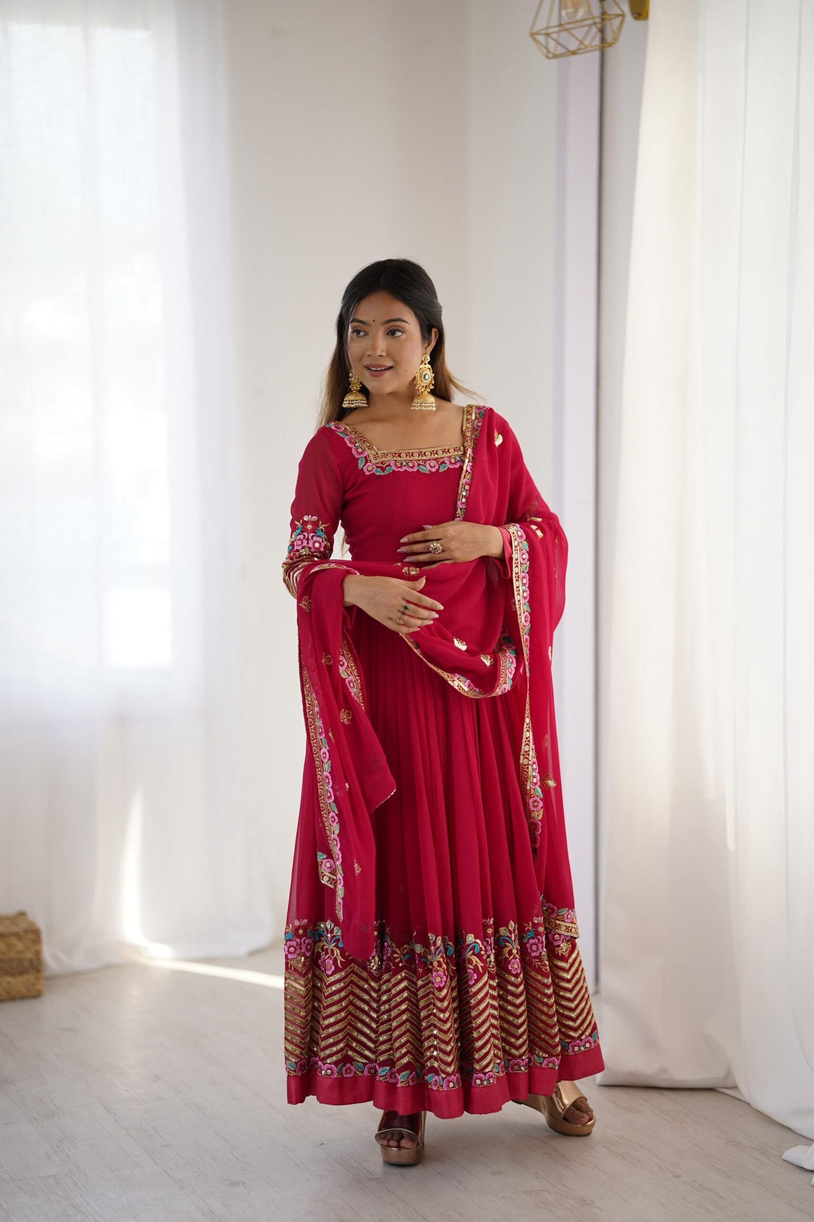 stitched Real Modeling Shoot Category :- Women’s Ethnic Wear AK-5010 — "Elegant Embroidered Sequence Designer Anarkali Three Piece Set" - Image 3