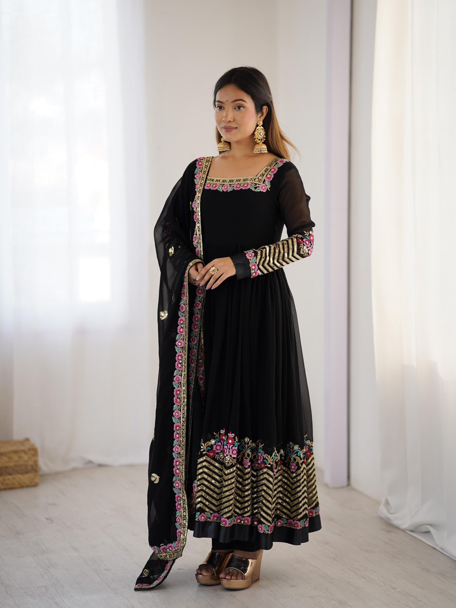 stitched Real Modeling Shoot Category :- Women’s Ethnic Wear AK-5010 — "Elegant Embroidered Sequence Designer Anarkali Three Piece Set"