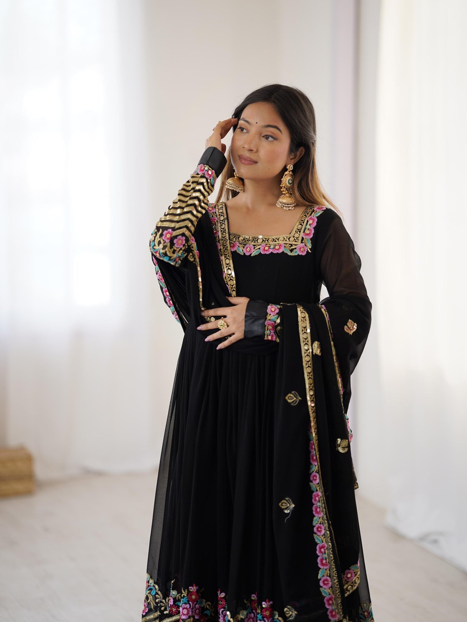 stitched Real Modeling Shoot Category :- Women’s Ethnic Wear AK-5010 — "Elegant Embroidered Sequence Designer Anarkali Three Piece Set" - Image 2