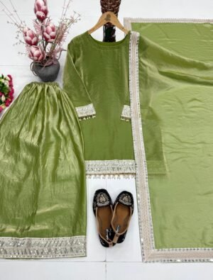 Alternative view of stitched NEW DESIGNER EMBROIDERY SEQUENCE WORK  WITH FANCY TOP PALAZZO DUPATTA SET