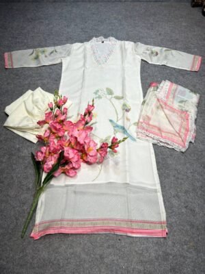 Alternative view of stitched "AK-G37" Off White  Color Anarkali Suit Set  seems to be a party wear outfit made from TB Silk fabric with digital Prints TB Silk Duptta wih Embroidery sequence Lace.(3-Pair)