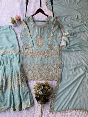 Alternative view of stitched  FOR THIS EID  OUR SEQUENCE EMBROIDERY WORKED TOP, SARARA AND DUPATTA  CODE :-AK-2088