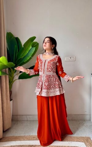 stitched REAL MODLING OF EMBROIDERED PEPLUM TOP WITH PLAZZO PAIR FROM LOOMEERA