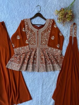 Alternative view of stitched REAL MODLING OF EMBROIDERED PEPLUM TOP WITH PLAZZO PAIR FROM LOOMEERA