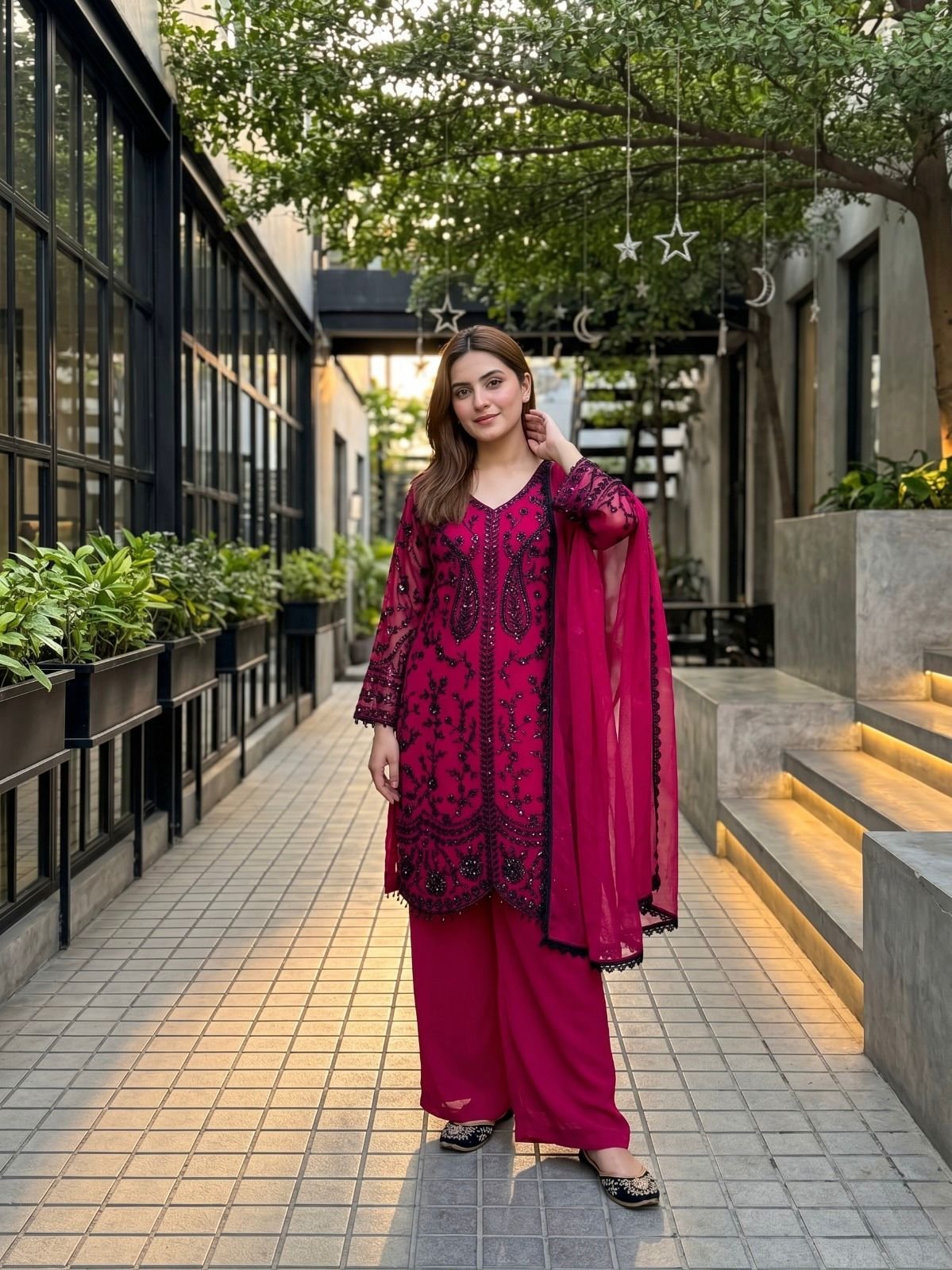 stitched NEW COLOUR ADDED NEW DESIGNER HEAVY FUAX GEORGETTE EMBROIDERY WORK 3 PIS SUIT SET CODE:-AK-1074