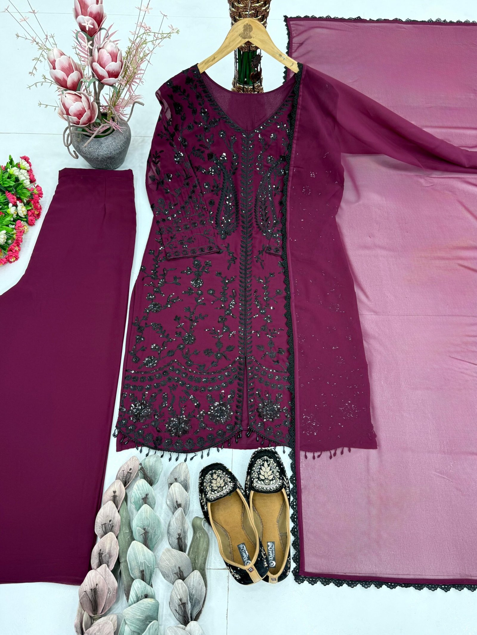 stitched NEW COLOUR ADDED NEW DESIGNER HEAVY FUAX GEORGETTE EMBROIDERY WORK 3 PIS SUIT SET CODE:-AK-1074 - Image 6