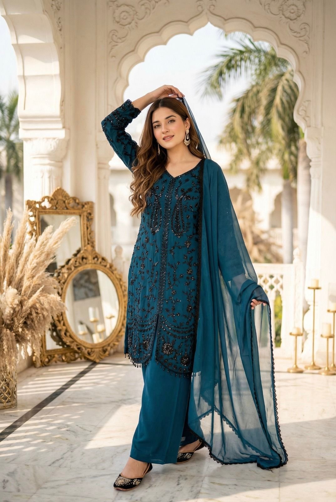 stitched NEW COLOUR ADDED NEW DESIGNER HEAVY FUAX GEORGETTE EMBROIDERY WORK 3 PIS SUIT SET CODE:-AK-1074 - Image 3