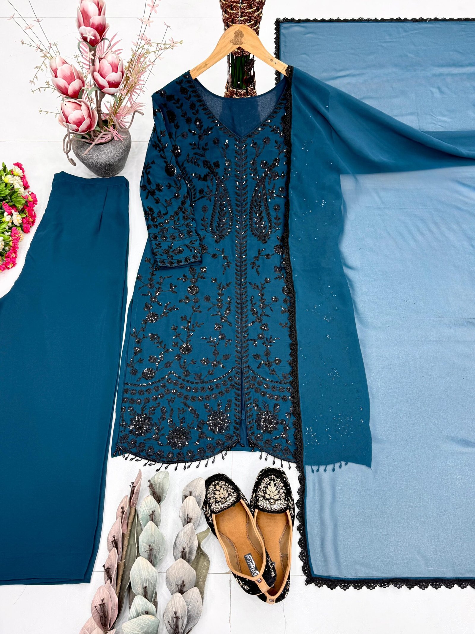 stitched NEW COLOUR ADDED NEW DESIGNER HEAVY FUAX GEORGETTE EMBROIDERY WORK 3 PIS SUIT SET CODE:-AK-1074 - Image 4