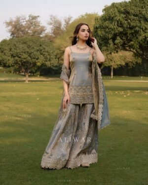 Alternative view of stitched NEW DESIGNER WEAR HEAVY JIMMY CHOO ORGANZA 3 PIS SUIT SET  CODE :-AK-227