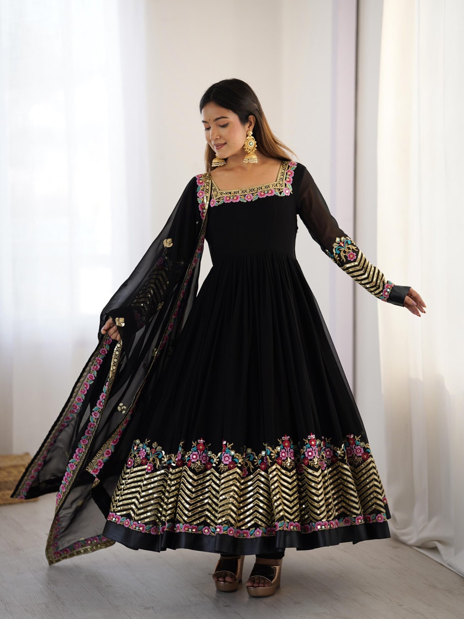 stitched gown Real Modeling Shoot Category :- Women’s Ethnic Wear AK-5010 — "Elegant Embroidered Sequence Designer Anarkali Three Piece Set"