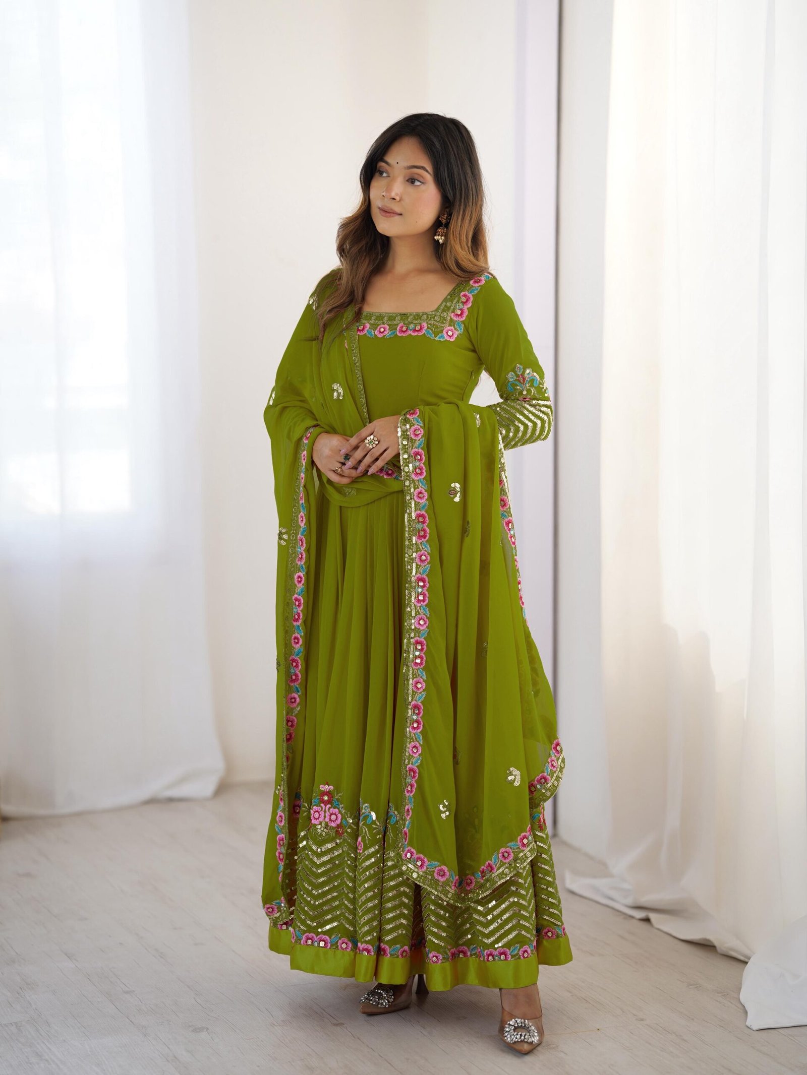 stitched gown Real Modeling Shoot Category :- Women’s Ethnic Wear AK-5010 — "Elegant Embroidered Sequence Designer Anarkali Three Piece Set" - Image 3