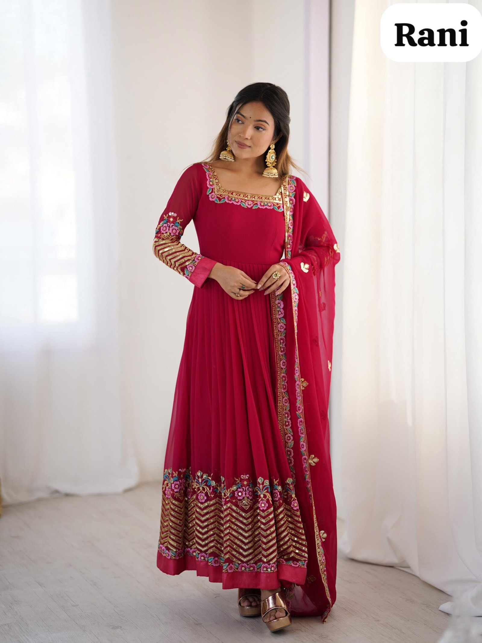 stitched gown Real Modeling Shoot Category :- Women’s Ethnic Wear AK-5010 — "Elegant Embroidered Sequence Designer Anarkali Three Piece Set" - Image 2