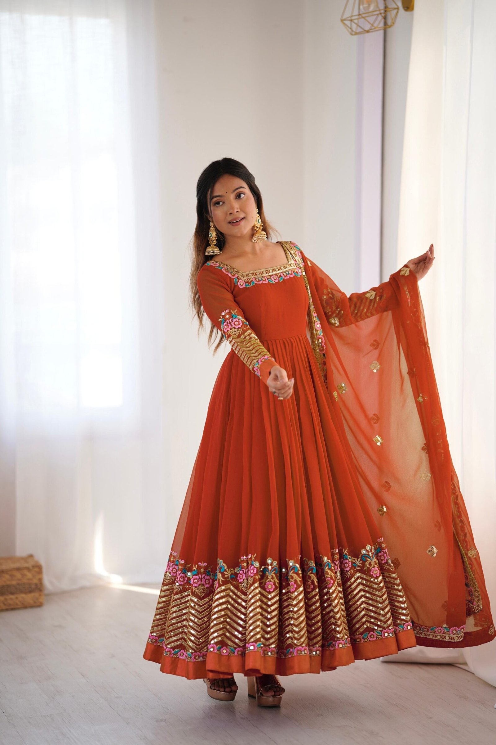 stitched gown Real Modeling Shoot Category :- Women’s Ethnic Wear AK-5010 — "Elegant Embroidered Sequence Designer Anarkali Three Piece Set" - Image 5
