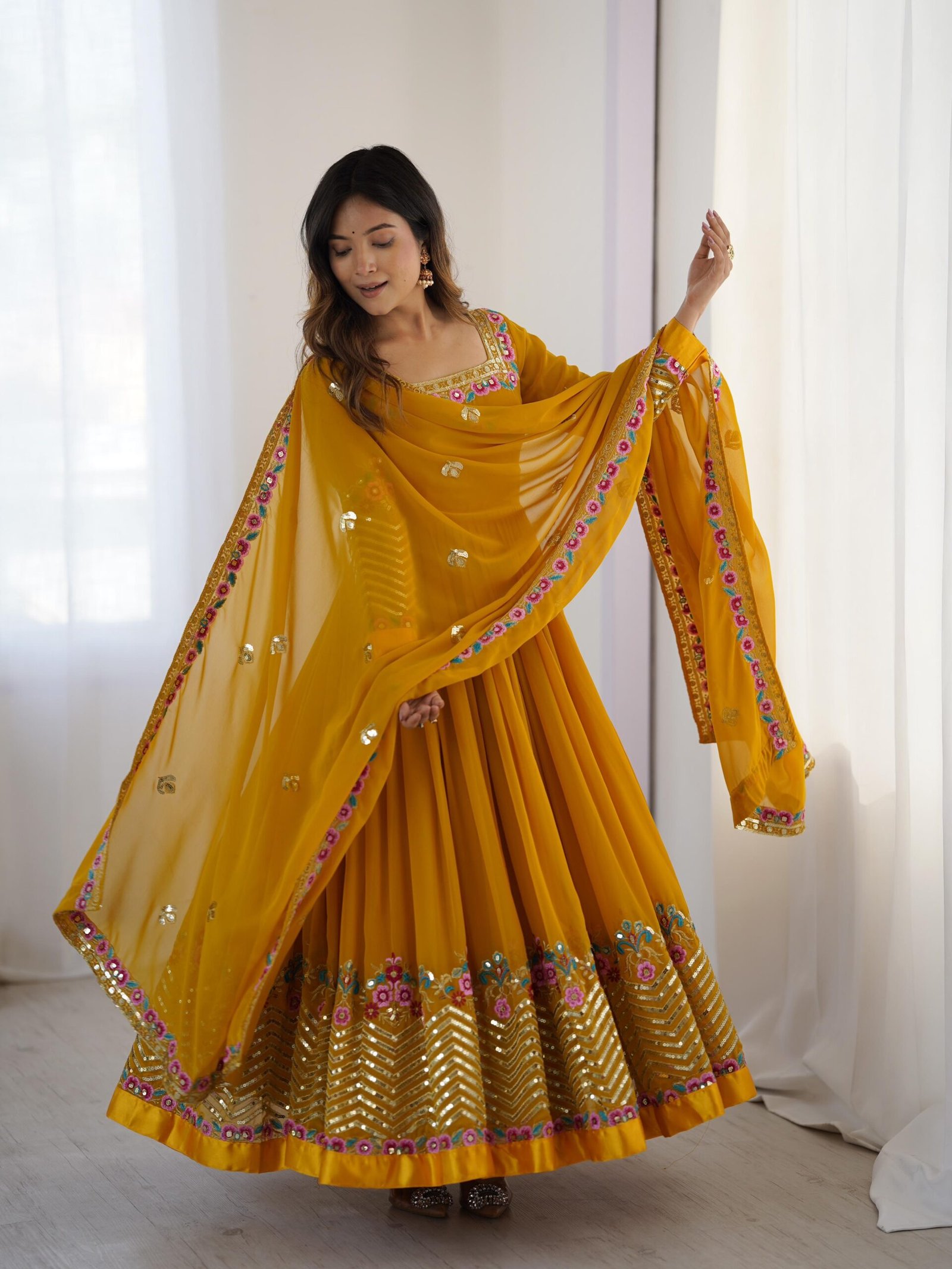stitched gown Real Modeling Shoot Category :- Women’s Ethnic Wear AK-5010 — "Elegant Embroidered Sequence Designer Anarkali Three Piece Set" - Image 4