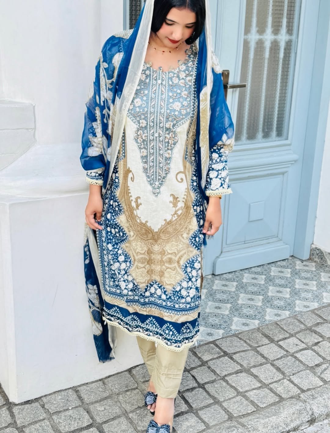 stitched FESTIVAL SPECIAL Royal Blue & Ivory Berry Silk Suit Set Code: 1336