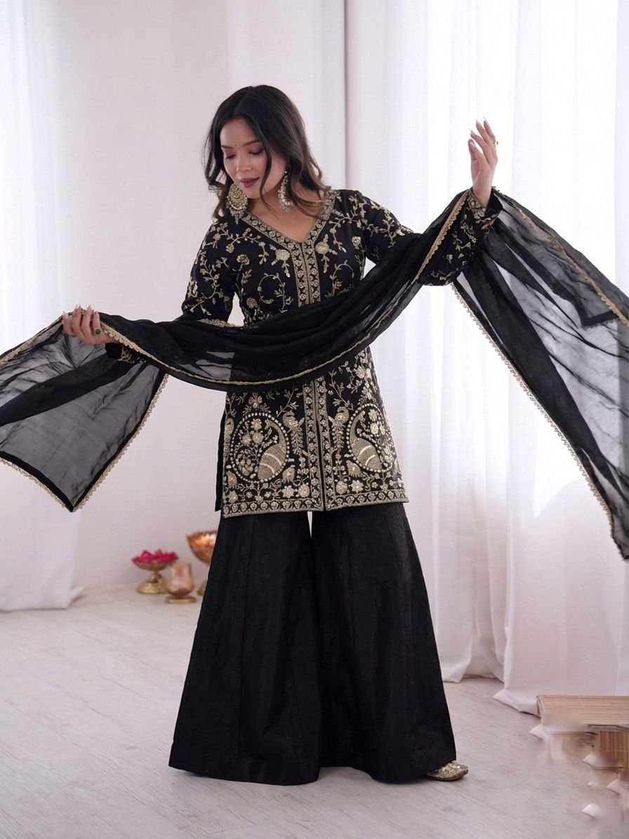 stitched Launching New Party Wear Look Pur Heavy Fendy Silk Top Plazzo & Dupatta Set - Image 5