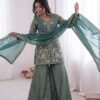stitched Launching New Party Wear Look Pur Heavy Fendy Silk Top Plazzo & Dupatta Set