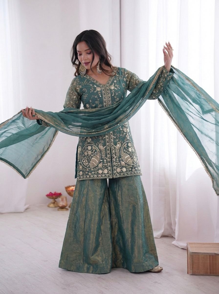 stitched Launching New Party Wear Look Pur Heavy Fendy Silk Top Plazzo & Dupatta Set