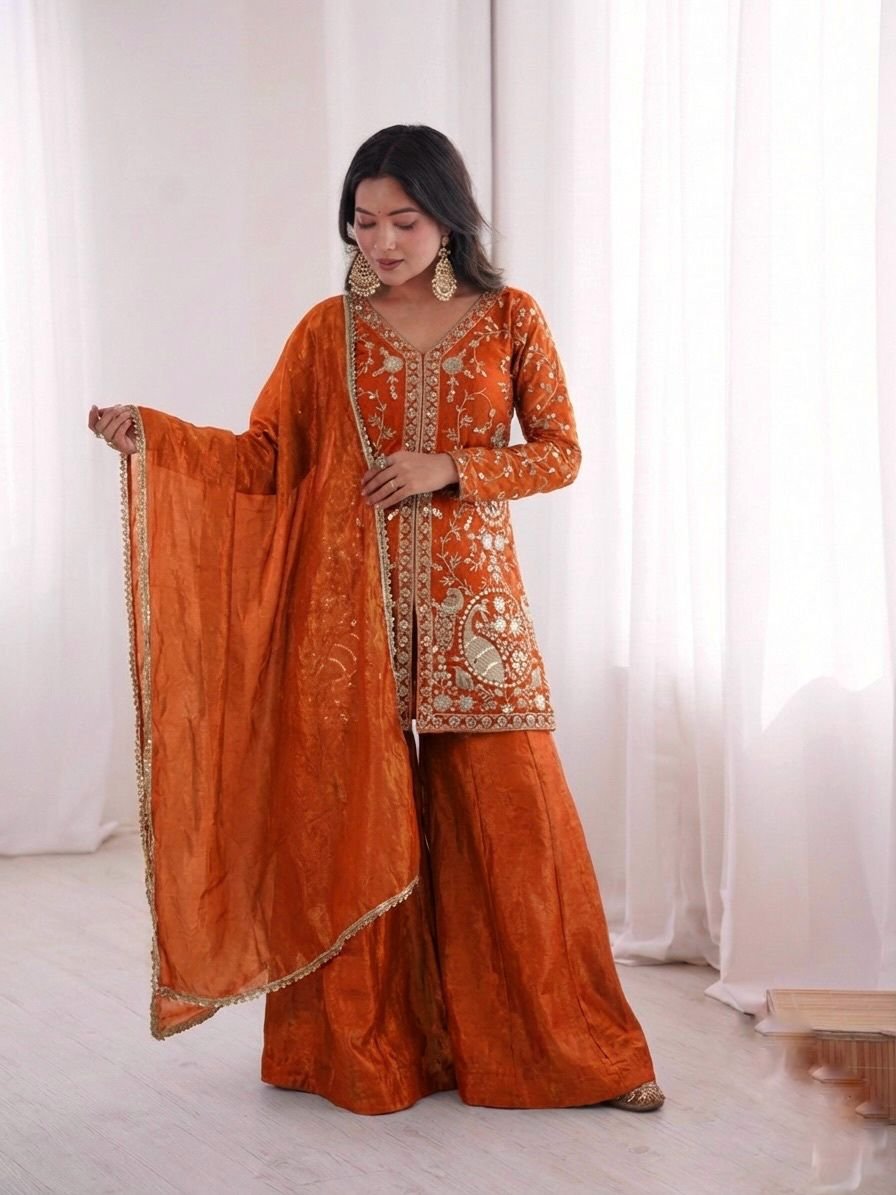stitched Launching New Party Wear Look Pur Heavy Fendy Silk Top Plazzo & Dupatta Set - Image 3