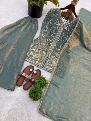 Alternative view of stitched Launching New Party Wear Look Pur Heavy Fendy Silk Top Plazzo & Dupatta Set