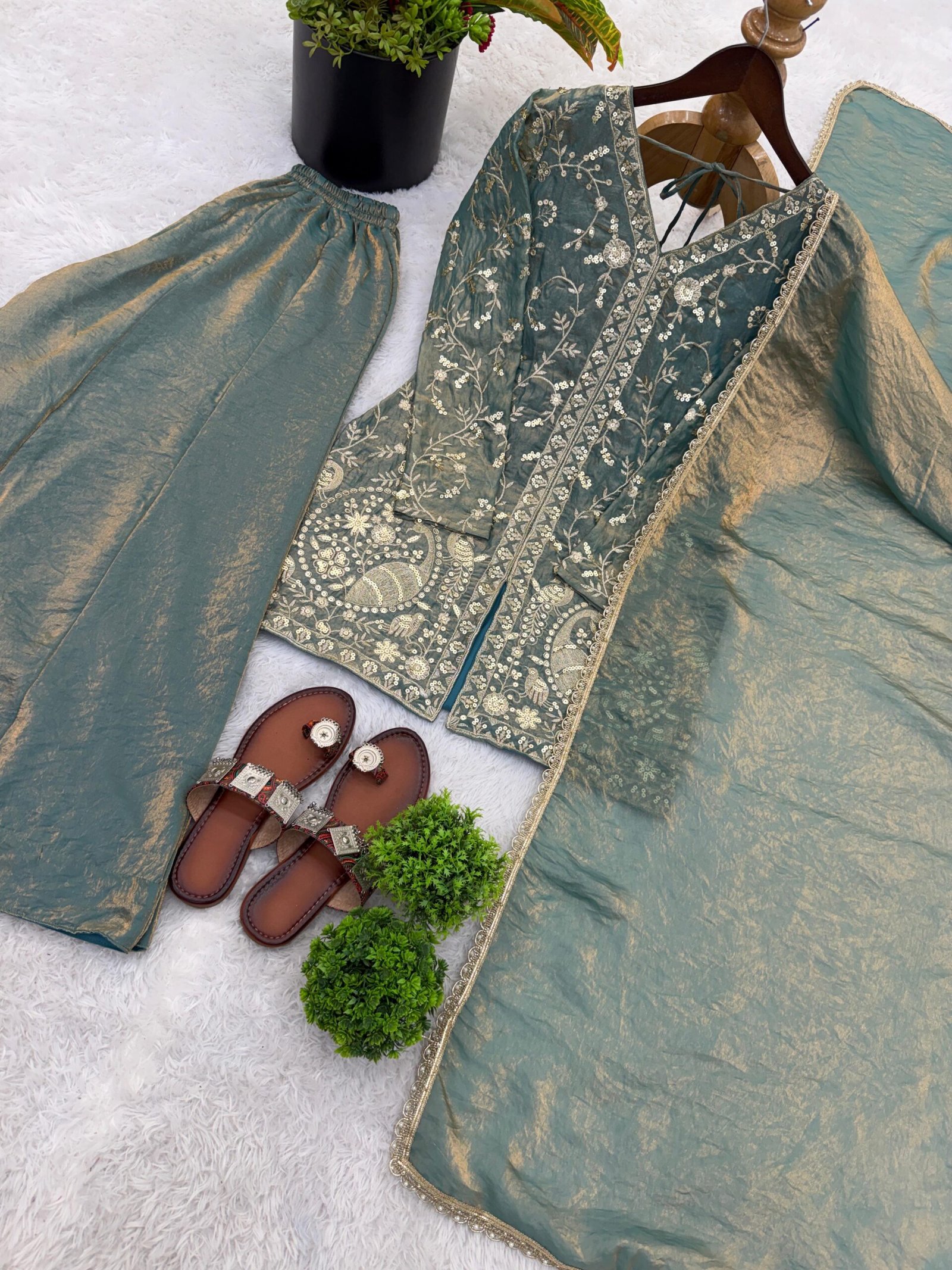 stitched Launching New Party Wear Look Pur Heavy Fendy Silk Top Plazzo & Dupatta Set - Image 2