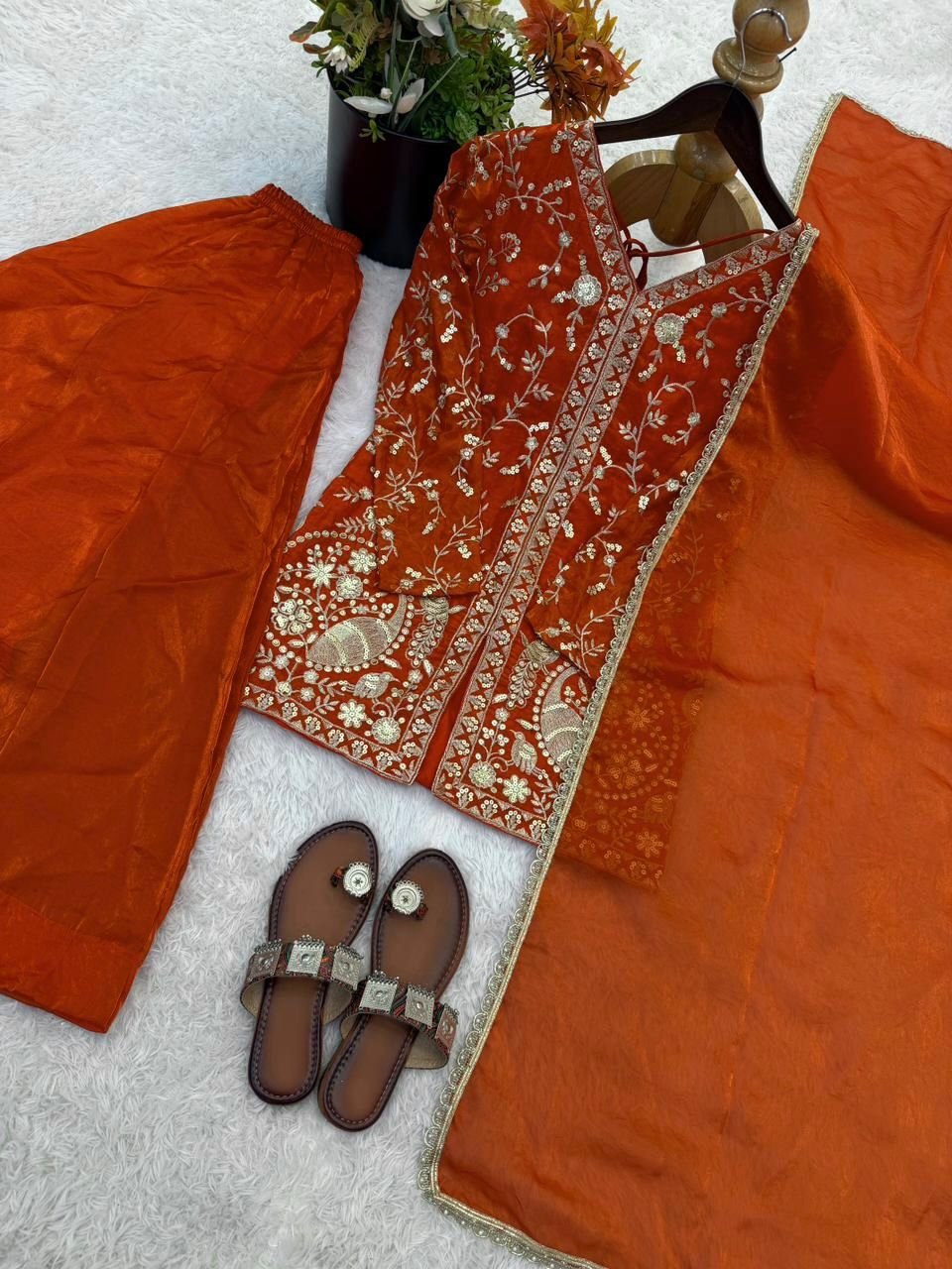 stitched Launching New Party Wear Look Pur Heavy Fendy Silk Top Plazzo & Dupatta Set - Image 4