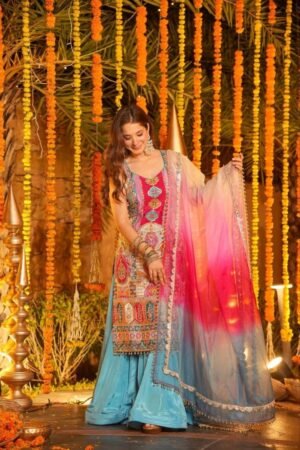 stitched ainbow Hued Heavy Wedding Kurta Set Designer Sharara Set – Elegant Ethnic Wear  Crafted in Classy Tones with Premium Fabric & Detailing