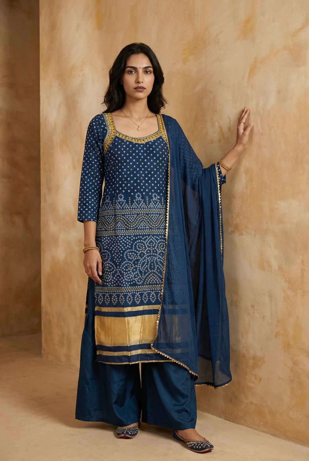 stitched Step into timeless elegance with this beautifully crafted 3-piece suit set featuring a chinon, matching Palazzo, and a delicate dupatta. The rich embroidery work done with cotton threads adds charm to the outfit.
