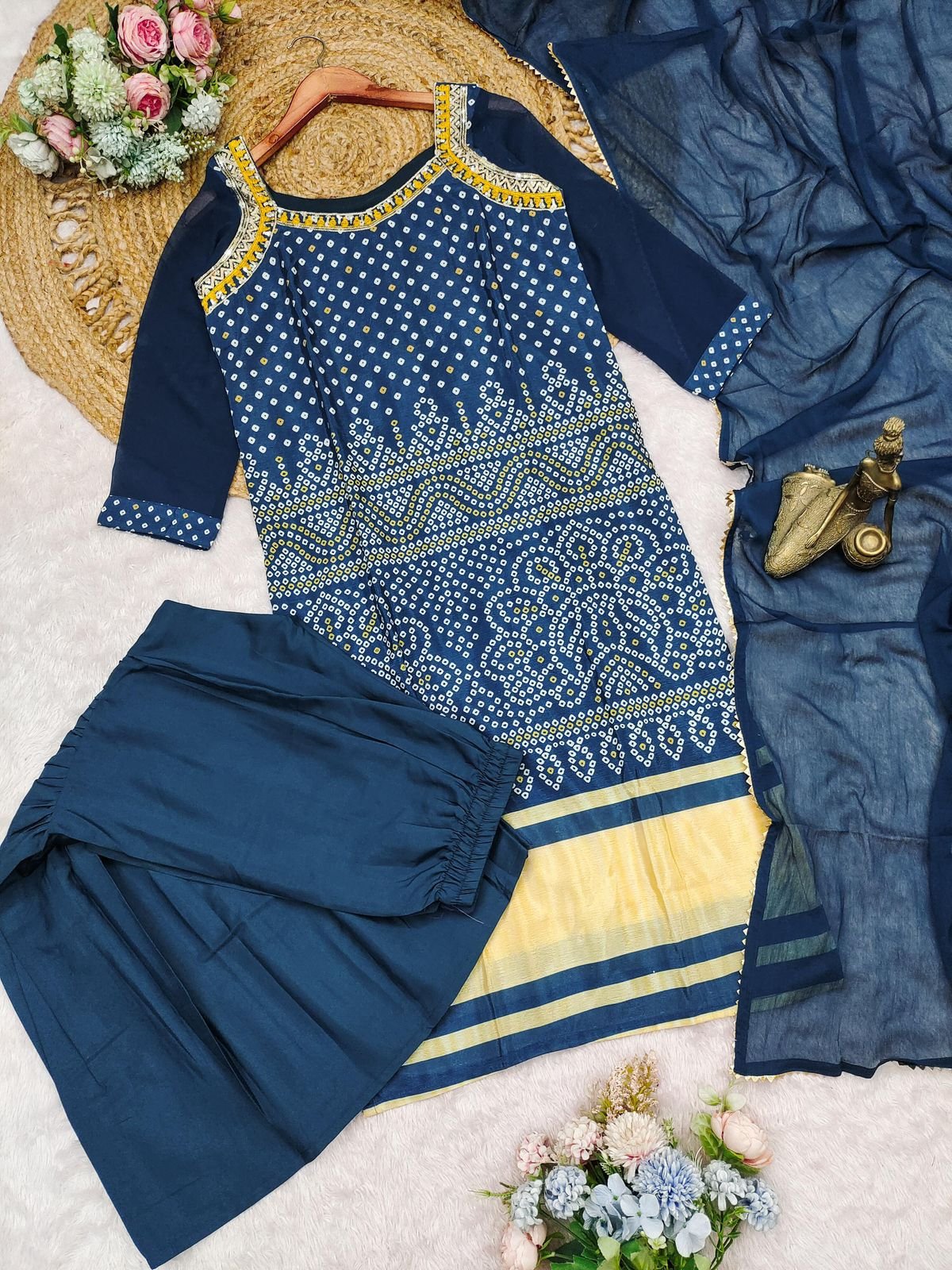 stitched Step into timeless elegance with this beautifully crafted 3-piece suit set featuring a chinon, matching Palazzo, and a delicate dupatta. The rich embroidery work done with cotton threads adds charm to the outfit. - Image 2