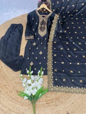 Alternative view of stitched AK-G73"     NEW  colour 3-pair kurti Suit Set you've described seems to be a party wear outfit made from Malay satin fabric with With embroidery (3-Pair