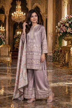 Alternative view of stitched  Top Bottom Premium Satin With Gpo Lace Duppata Chinnon with lace Border