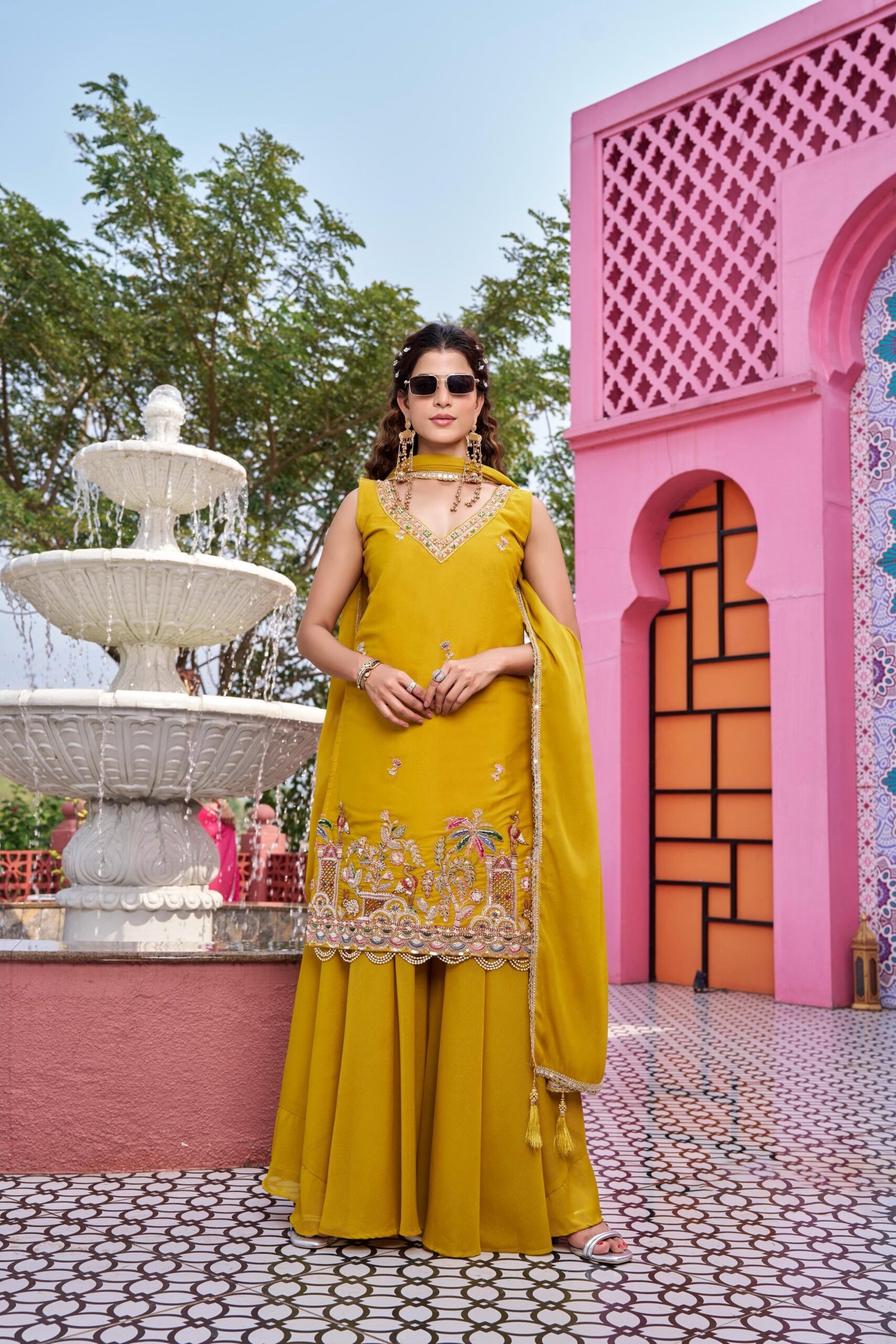 stitched AK series now AK Creation AK-156 AK creation Launching New haldi special Designer kurti moti work & Plazzo - Dupatta pair - Image 3