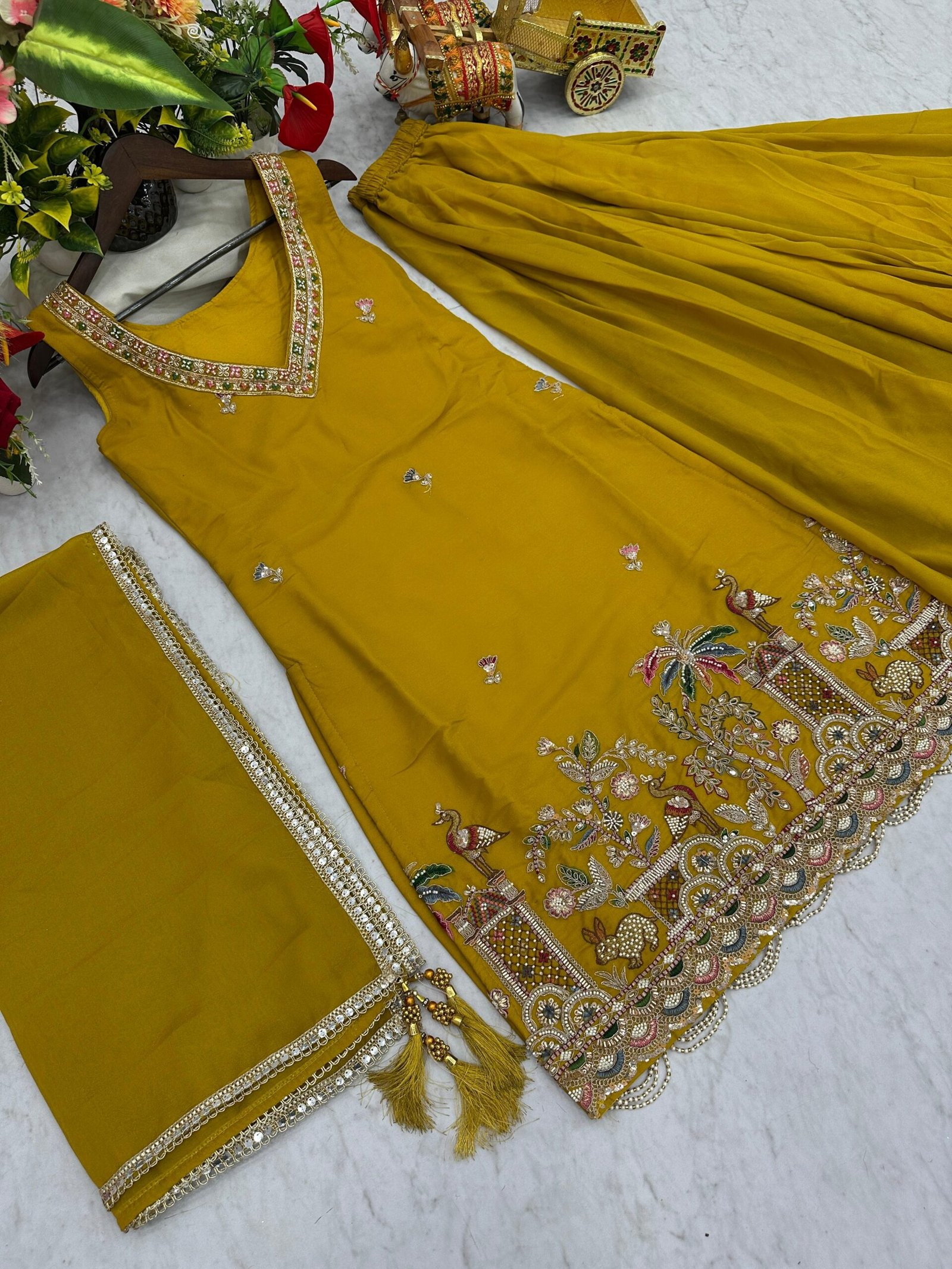 stitched AK series now AK Creation AK-156 AK creation Launching New haldi special Designer kurti moti work & Plazzo - Dupatta pair - Image 4