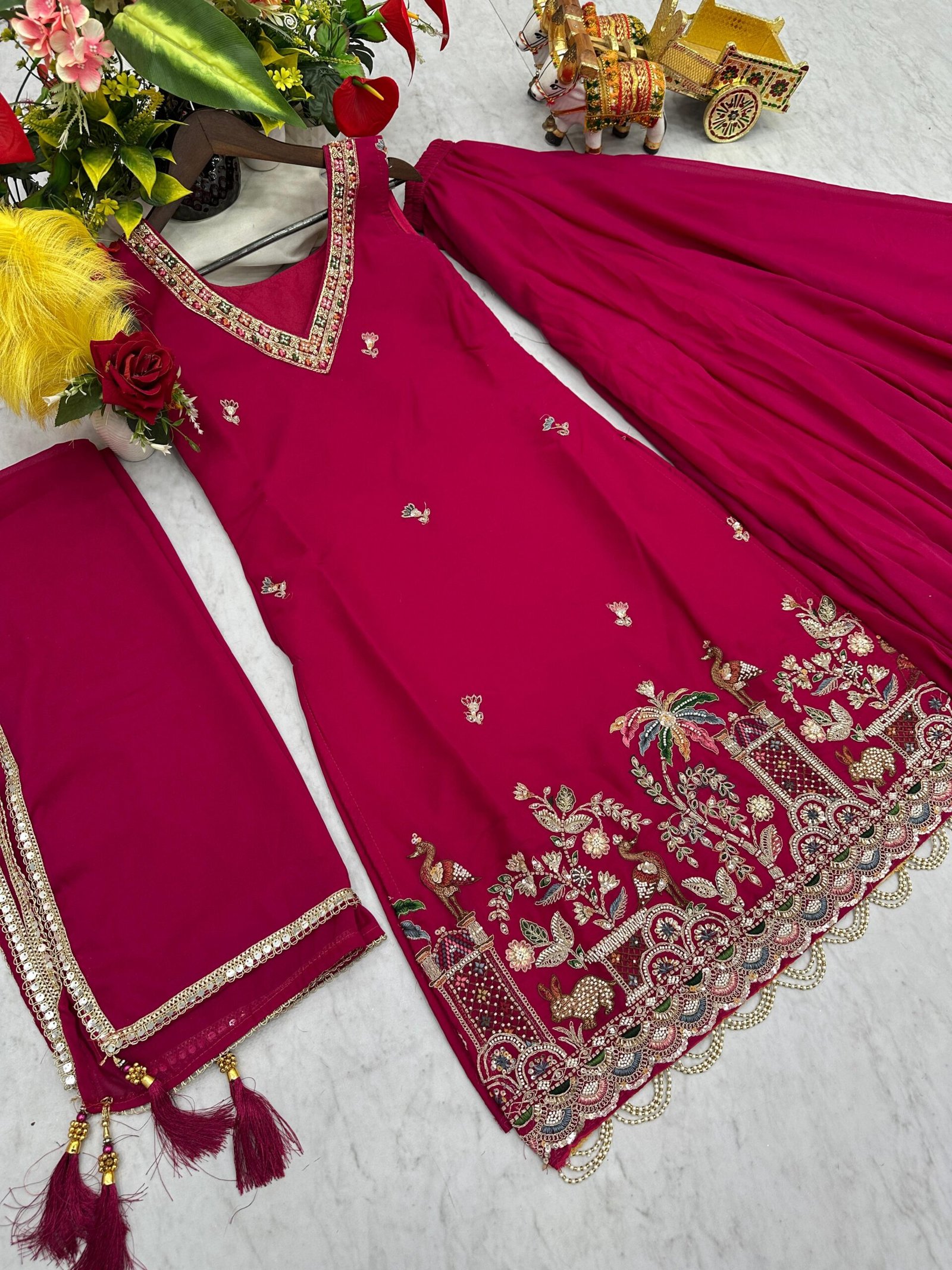 stitched AK series now AK Creation AK-156 AK creation Launching New haldi special Designer kurti moti work & Plazzo - Dupatta pair - Image 2