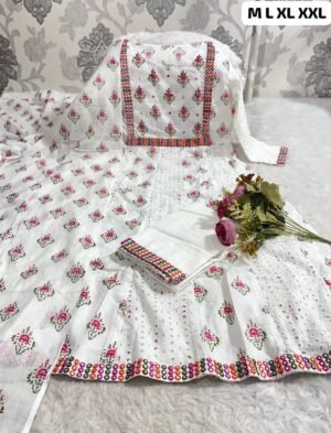 Alternative view of stitched Premium  Cotton 60.60 Anarkali chikankari Kurti with Mirror Embroidery Work on neck and sleeves , heavy lace work on Pant with printed Malmal dupatta
