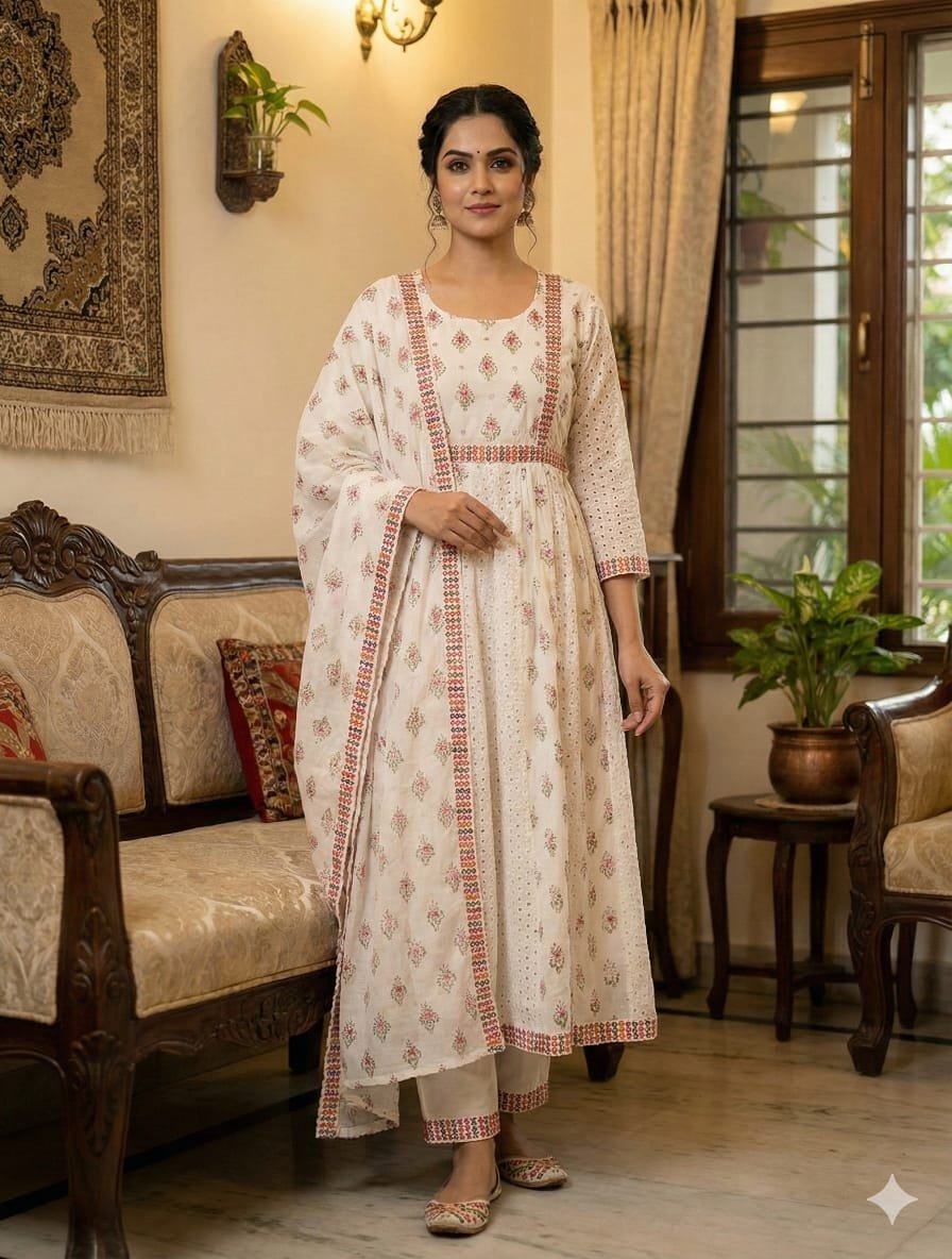 stitched Premium Cotton 60.60 Anarkali chikankari Kurti with Mirror Embroidery Work on neck and sleeves , heavy lace work on Pant with printed Malmal dupatta