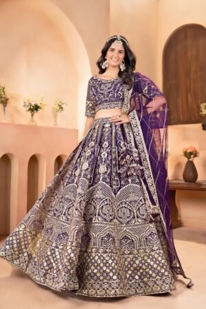 semi stitched Step into timeless elegance with this wine  lehenga, adorned with intricate golden embroidery and majestic flair – perfect for a queen’s celebration.