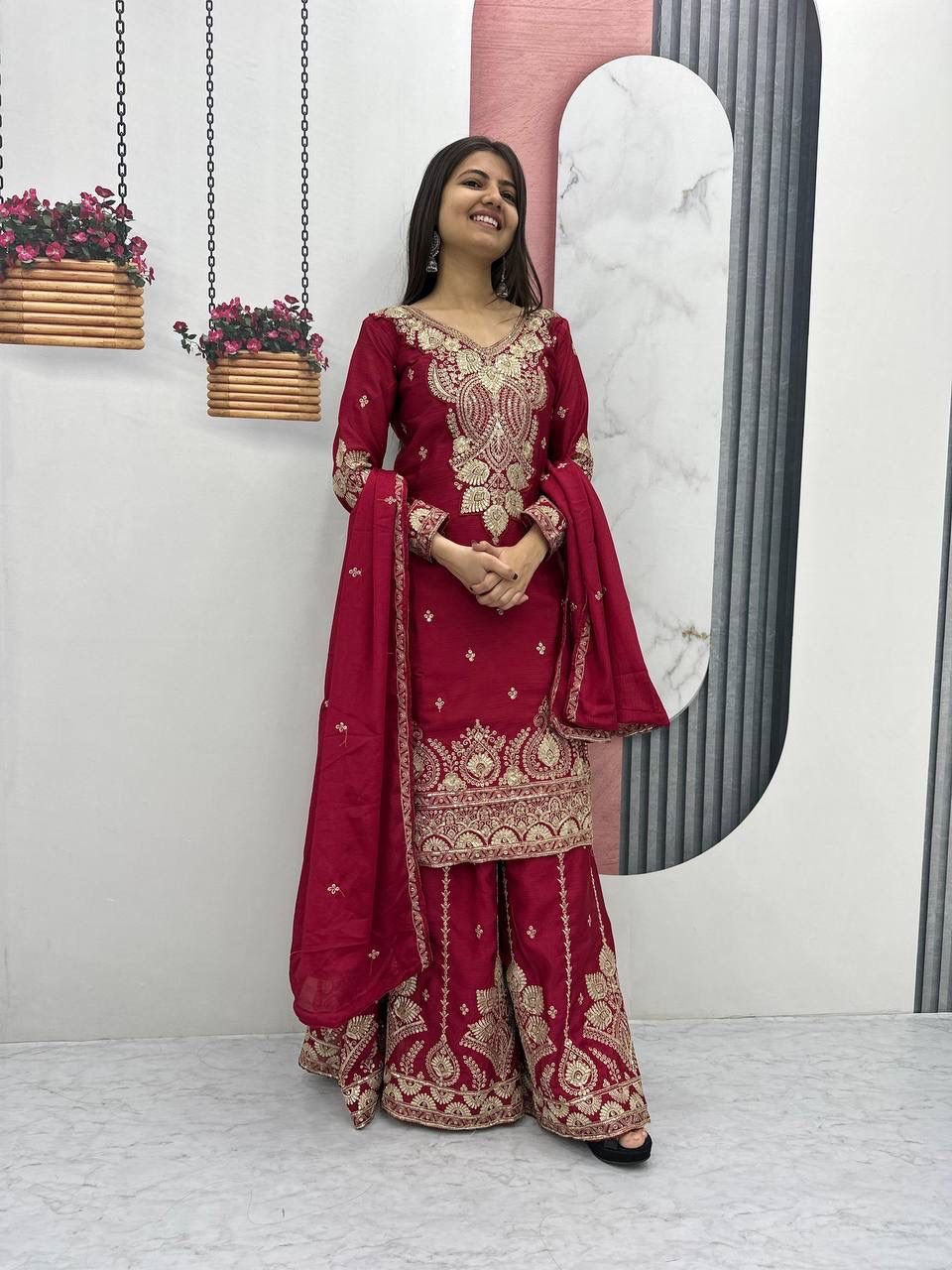 stitched AK-037 AK Fashion Launching New Designer Party Wear Top Plazzo & Dupatta Set