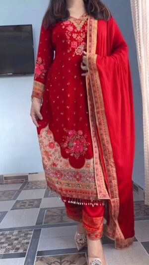 stitched Exquisite Chinon Kurti Set: Aari & Original Mirror Work This stunning outfit is a vibrant and elegant choice, perfect for festive occasions, weddings, or grand celebrations.