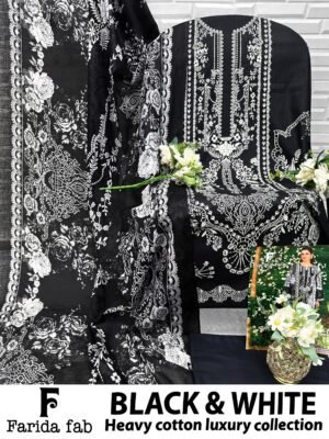 semi stitched ..FARIDA FAB... presents BLACK & WHITE"  premium designer collection  76*76 orignal lawn cotton quality